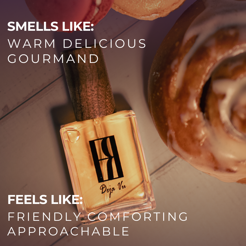 Sweet Treat Perfume Bottle describing fragrance. Smells like “warm, delicious gourmand” Feels like “friendly, comforting approachable”