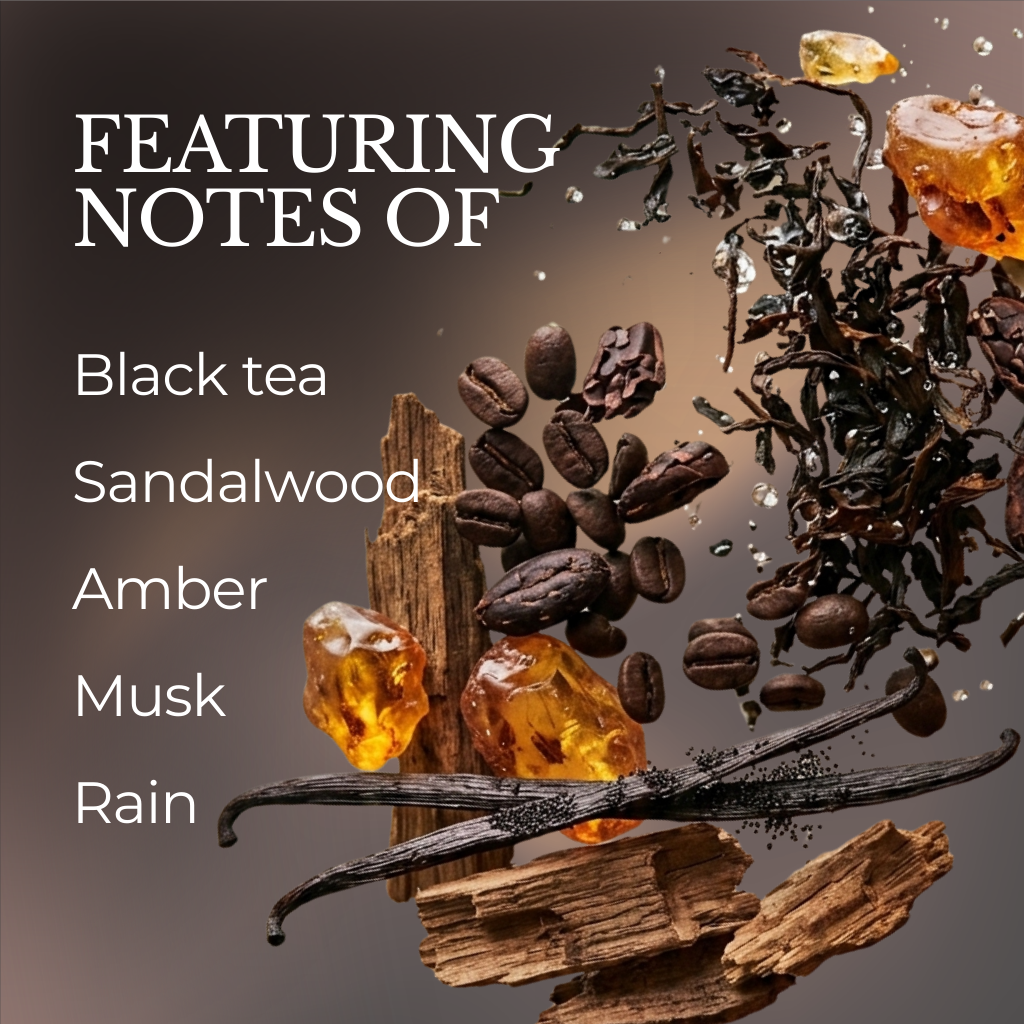 Spices, coffee, sandalwood, vanilla and tea leaves with text indicating fragrance notes on a dark background