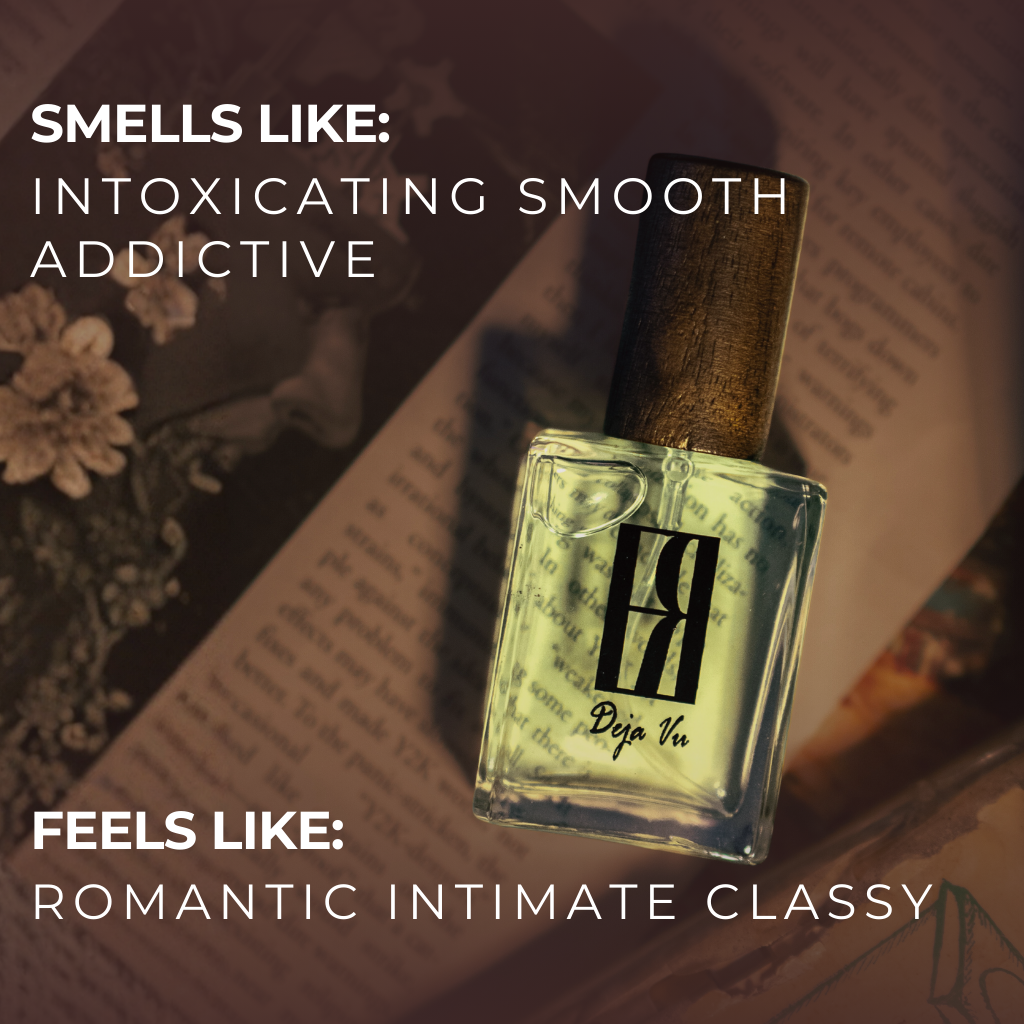 Bookworm perfume bottle with text describing its scent and feel on a book background