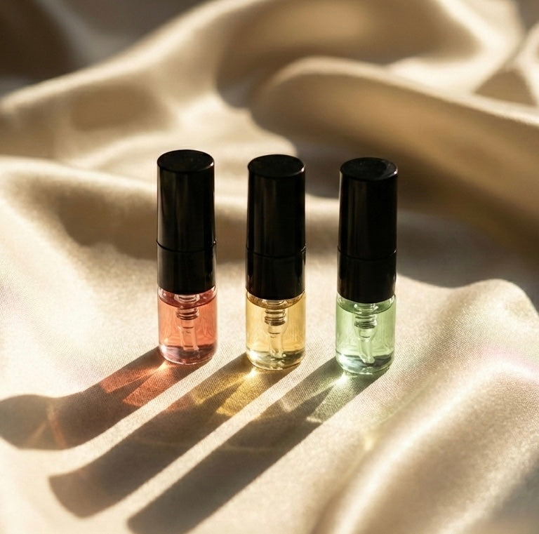 Three small perfume tester bottles (midnight celebration, bookworm, sweet treat) with black caps on a textured beige fabric background