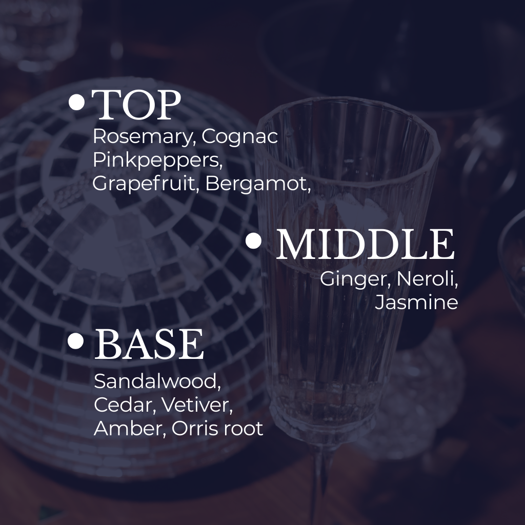 Champange glass and disco ball with fragrance notes text overlay on a dark background