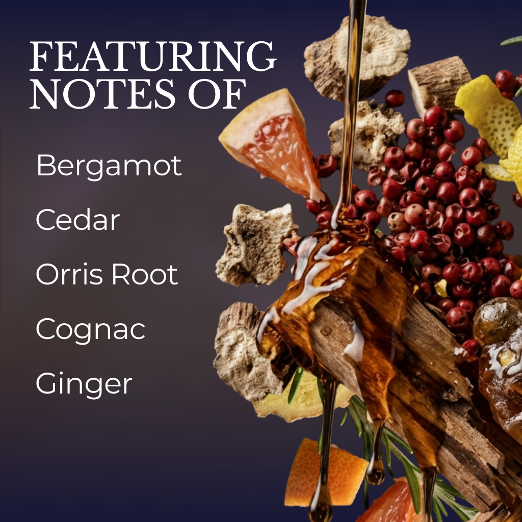 Depiction of fragrance ingredients: Grapefruit, Orris root, Ginger, Cognac, Rosemary and Amber