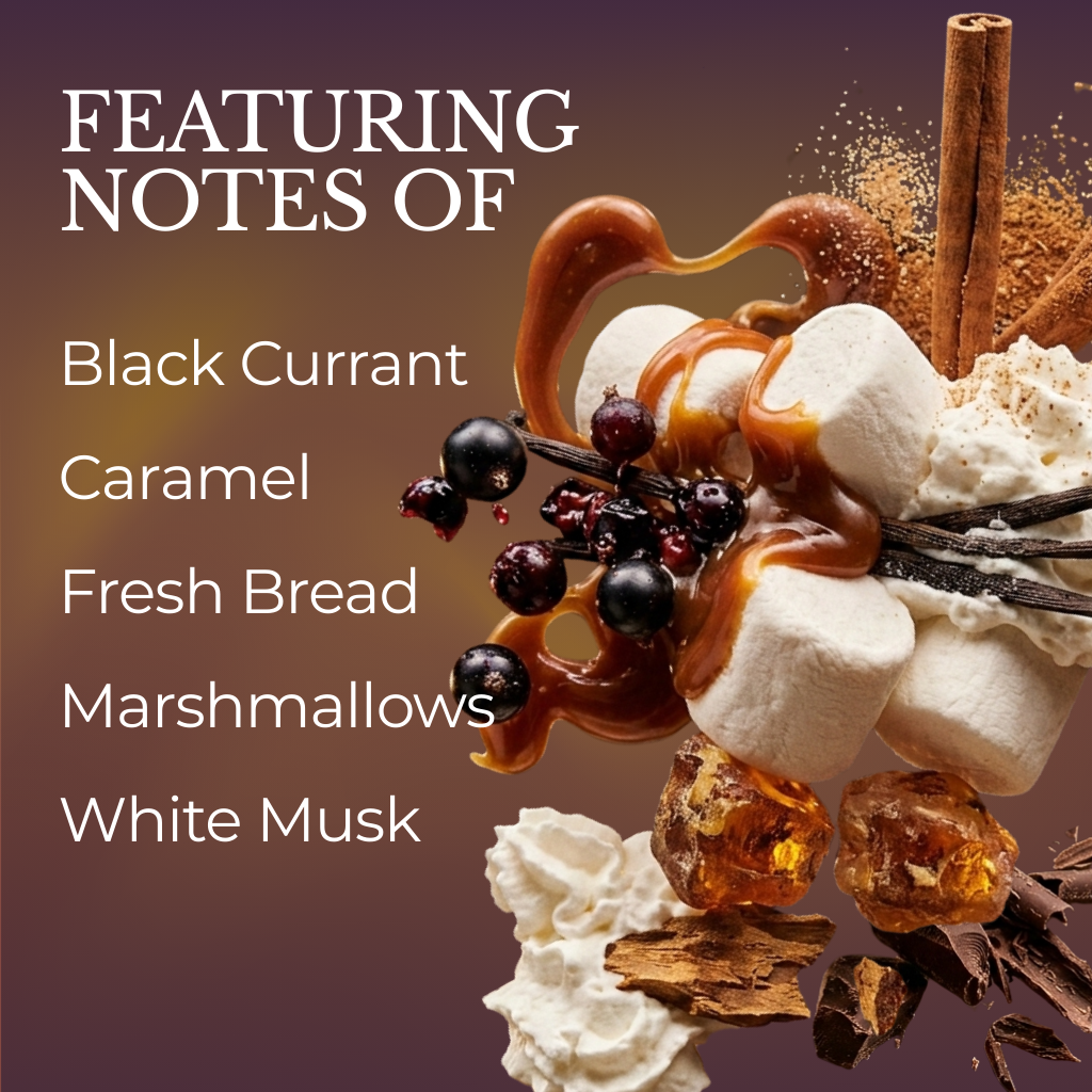 Depiction of fragrance ingredients: White Musk, Marshmallow, Fresh Bread, Chocolate, Black Currants, Cinnamon, Vanilla