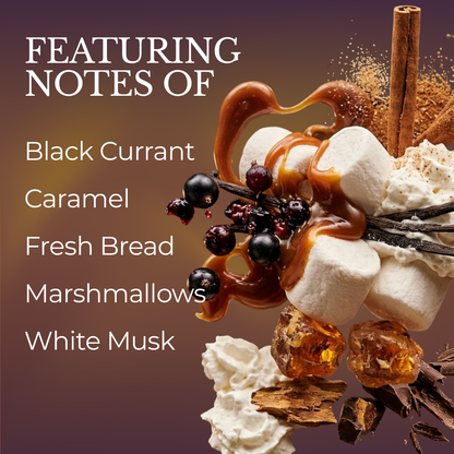 Depiction of fragrance ingredients: White Musk, Marshmallow, Fresh Bread, Chocolate, Black Currants, Cinnamon, Vanilla