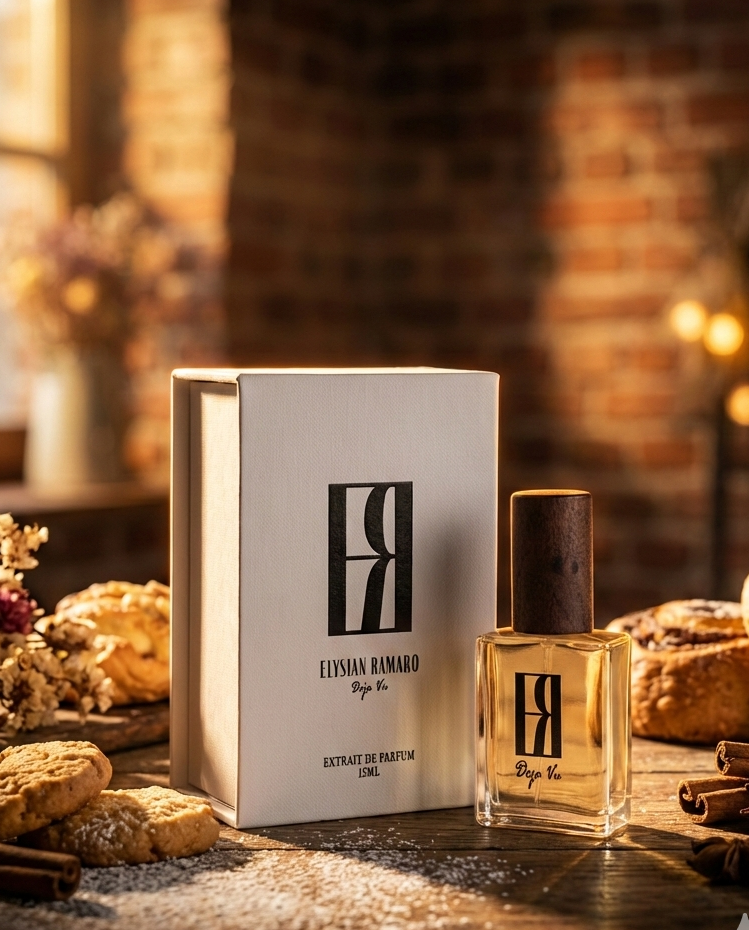 Sweet treat perfume bottle and packaging on a wooden surface with a warm, rustic bakery in the background 