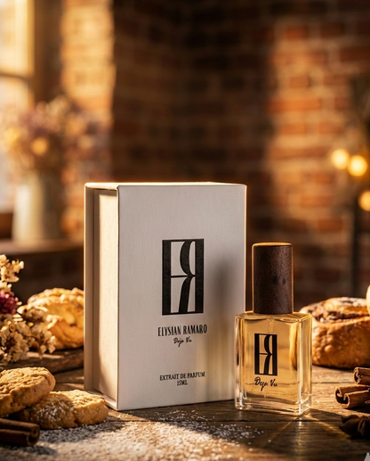 Sweet treat perfume bottle and packaging on a wooden surface with a warm, rustic bakery in the background 